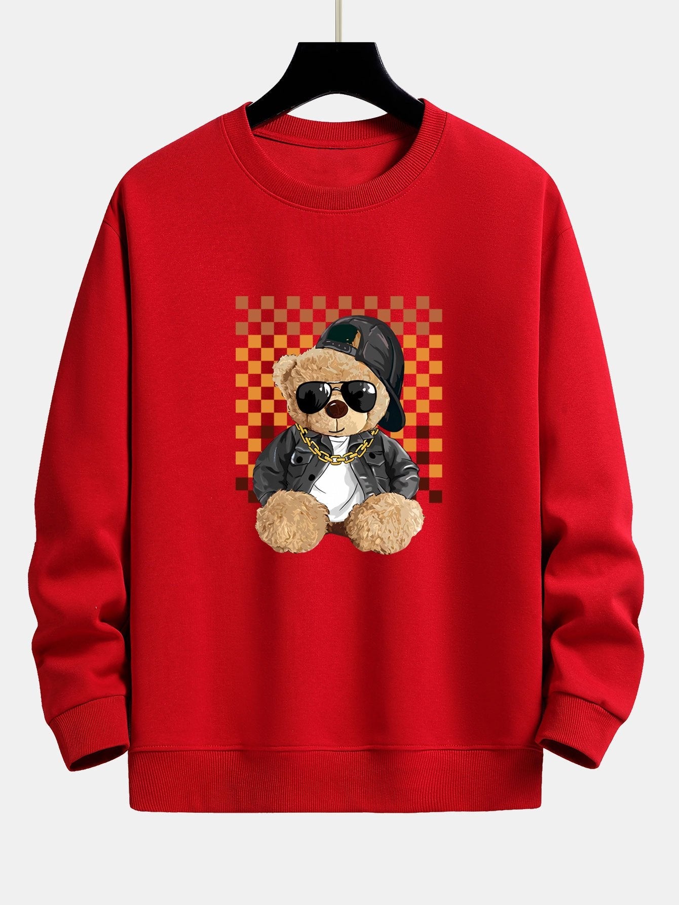 Chessboard Hip Hop Bear Print Relax Fit Sweatshirt