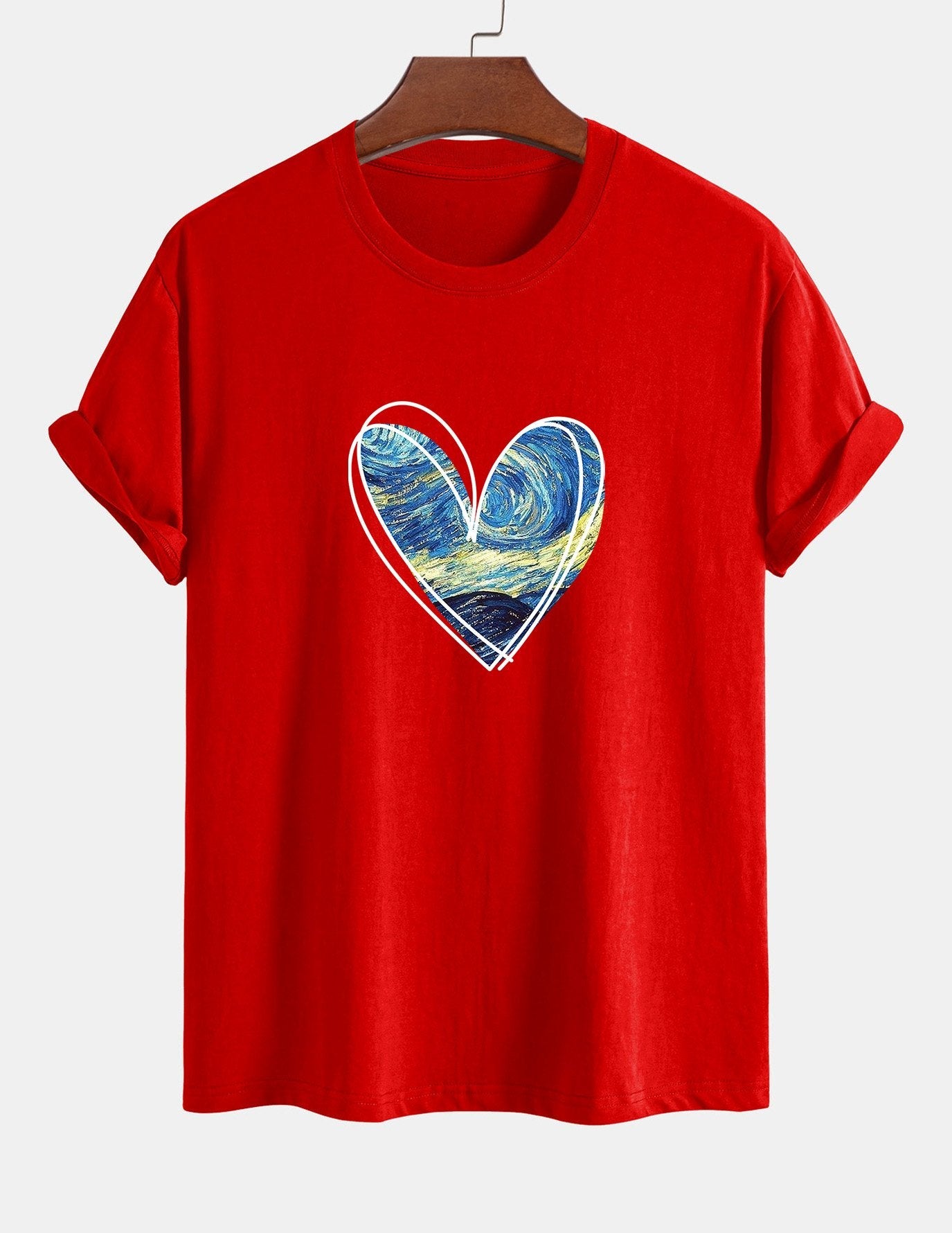 Regular Fit Starry Sky Heart Print Cotton T-Shirt