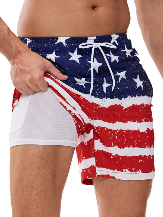 2 In 1 Stars And Stripes Print Swim Shorts