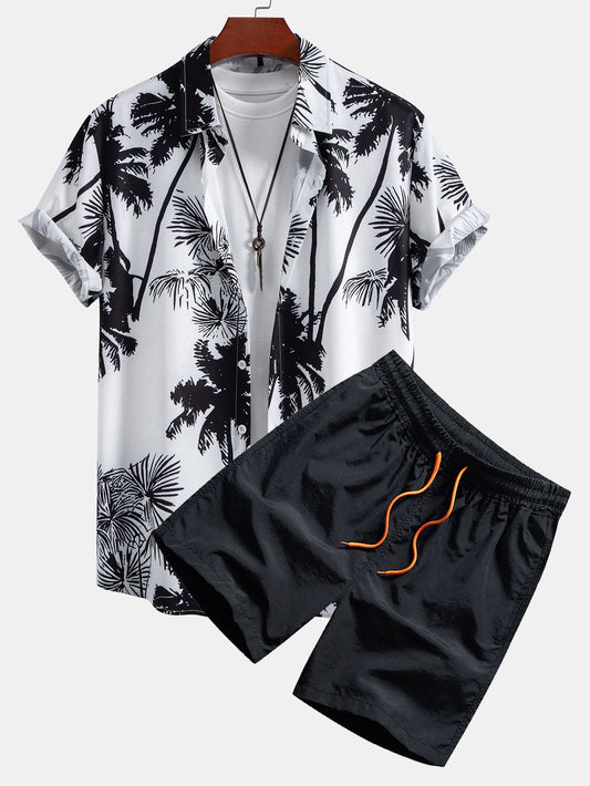 Palm Trees Print Button Up Shirt & Man Mid Length Drawstring Swim Shorts