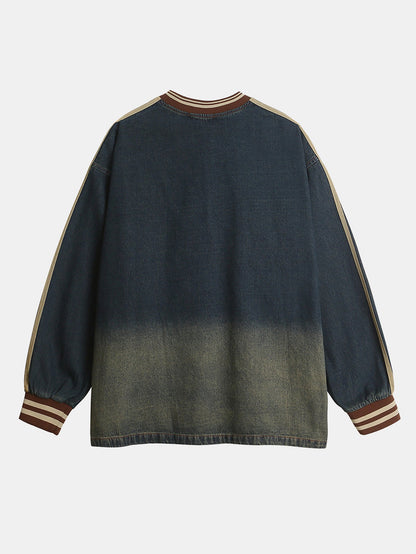 Oversize Brooklyn Embroidery Washed Distressed Denim Sweatshirt