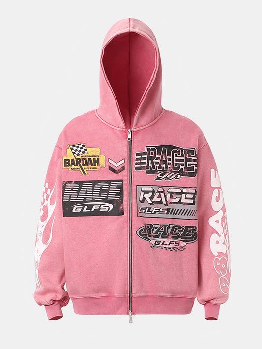 Racing Print Distressed Zipper Hoodie