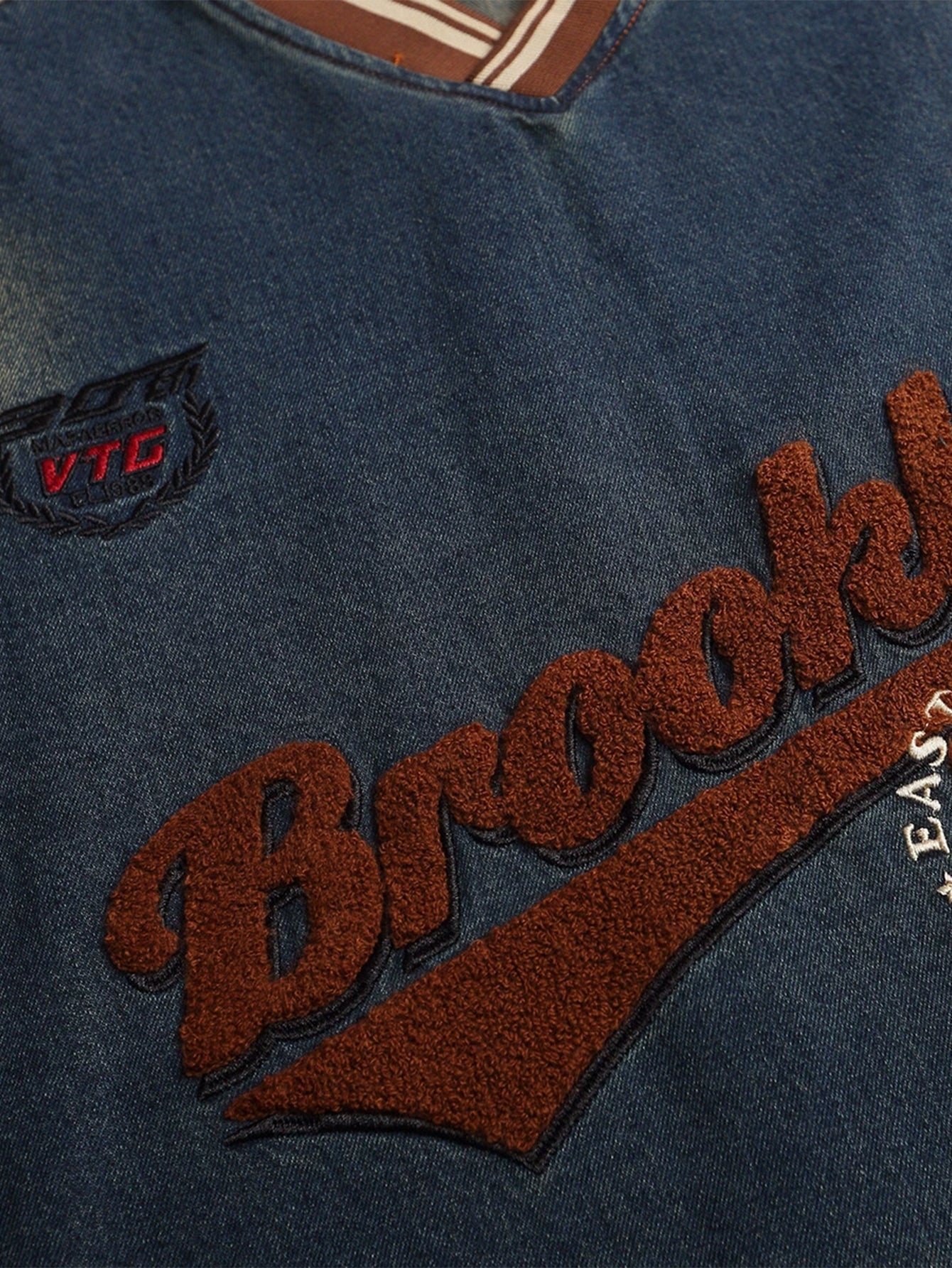 Oversize Brooklyn Embroidery Washed Distressed Denim Sweatshirt