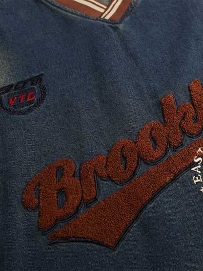 Oversize Brooklyn Embroidery Washed Distressed Denim Sweatshirt