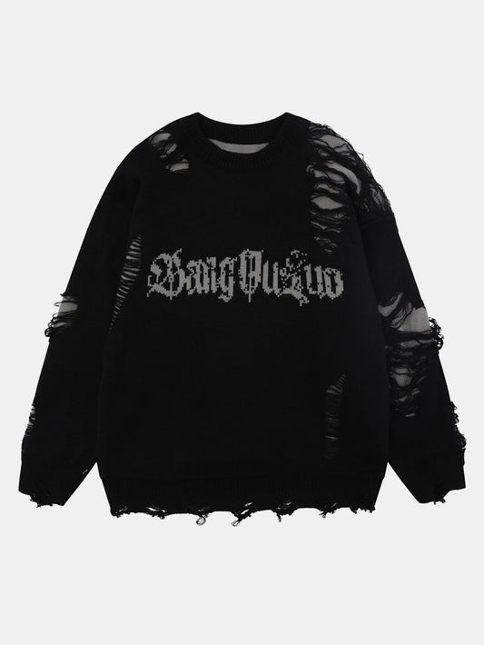 Slogan Distressed Crew Neck Sweater