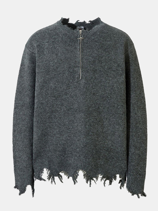 Distressed Quarter Zip Knit Sweater