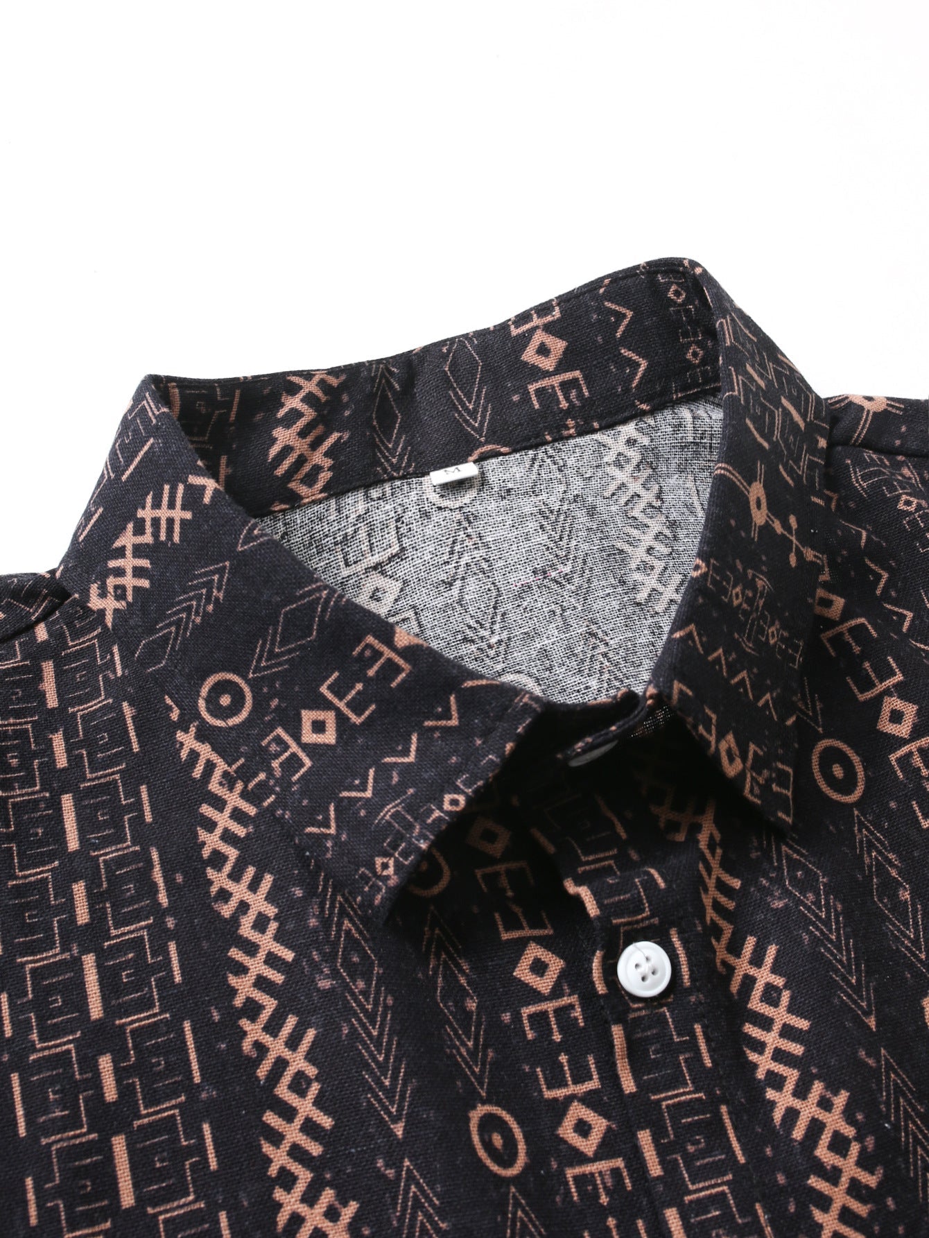 Linen Look Ethnic Geometric Print Button Up Shirt