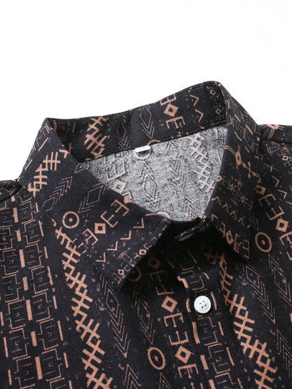 Linen Look Ethnic Geometric Print Button Up Shirt