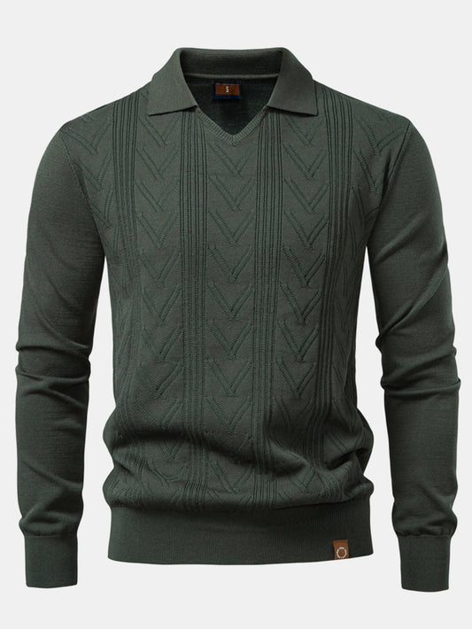 Long Sleeve V-Neck Knit Polo Shirt