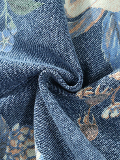 Relax Fit Flower Print Washed Denim Jacket