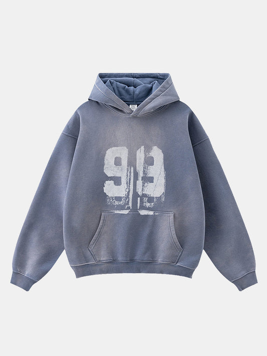 Oversize Number Print Washed Distressed Hoodie