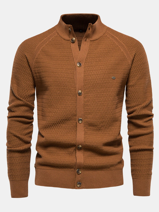 Textured Stand Collar Button Up Sweater