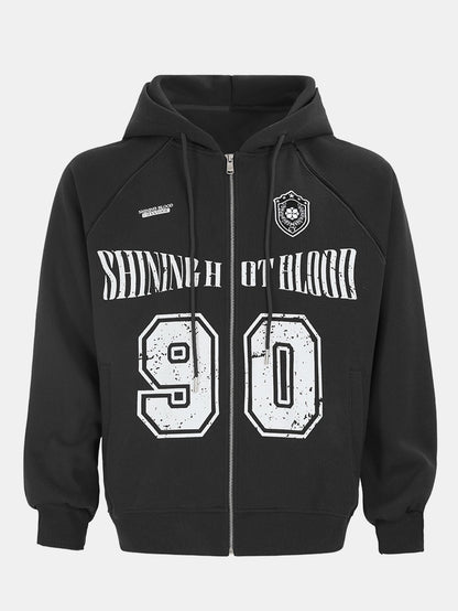 Oversize Number Print Zipper Hoodie