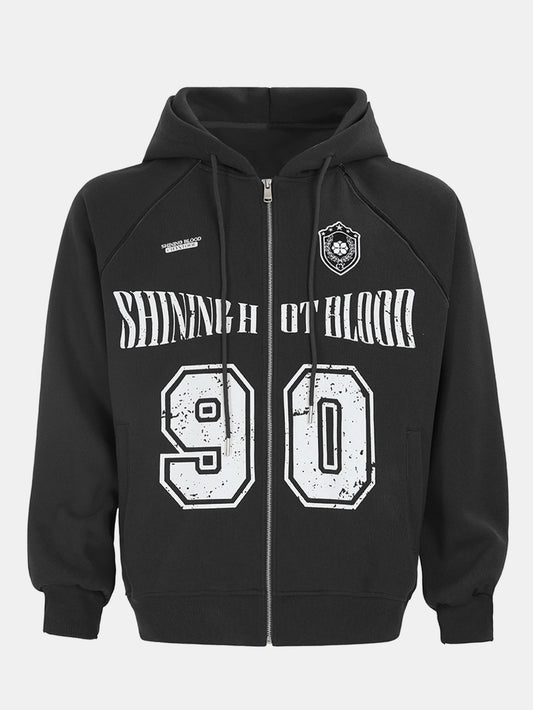 Oversize Number Print Zipper Hoodie