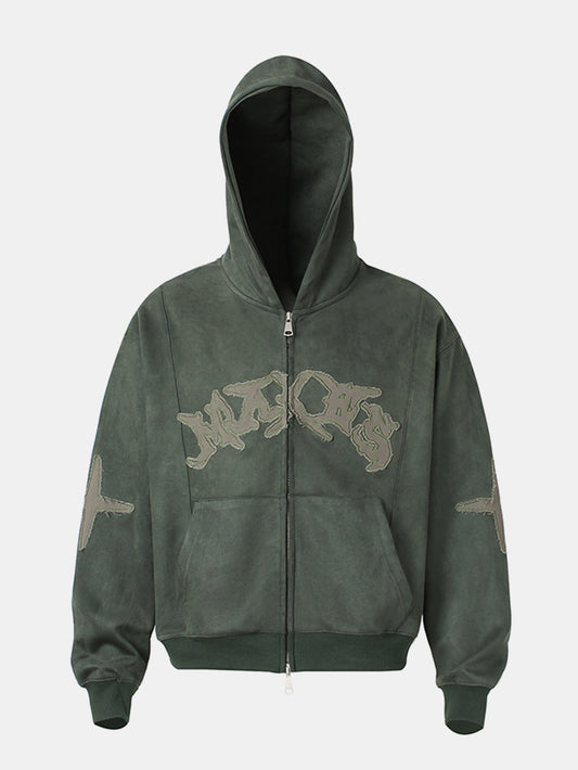 Embroidered Letters Faux Suede Zipper Hoodie