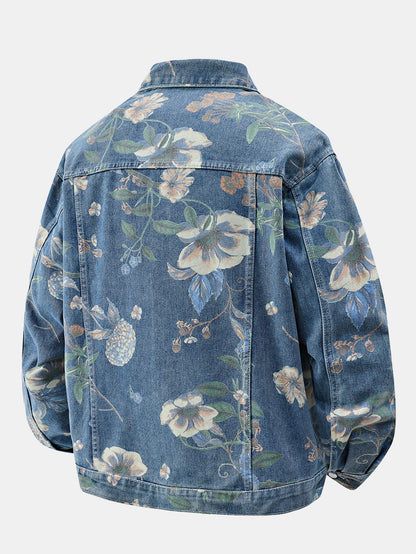 Relax Fit Flower Print Washed Denim Jacket