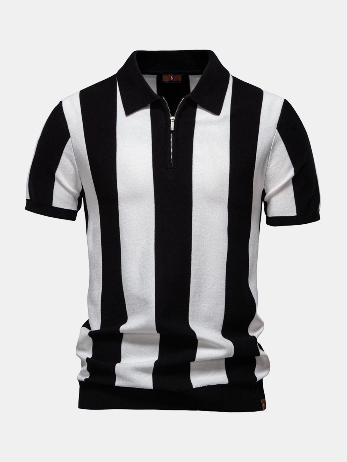 Striped Knit Zip Up Polo Shirt