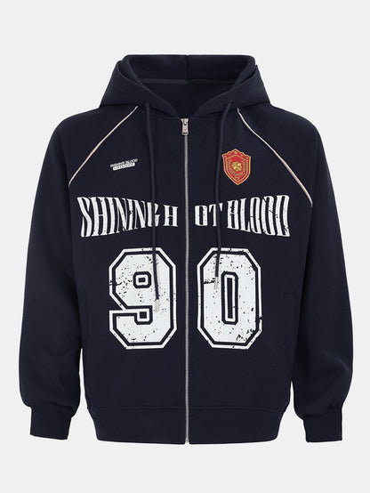 Oversize Number Print Zipper Hoodie