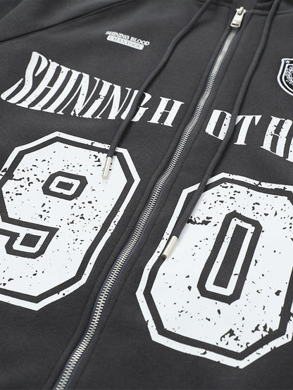 Oversize Number Print Zipper Hoodie