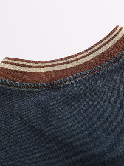 Oversize Brooklyn Embroidery Washed Distressed Denim Sweatshirt