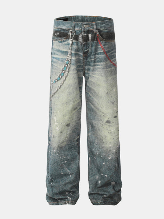 Distressed Chain-Detailed Baggy Denim Jeans