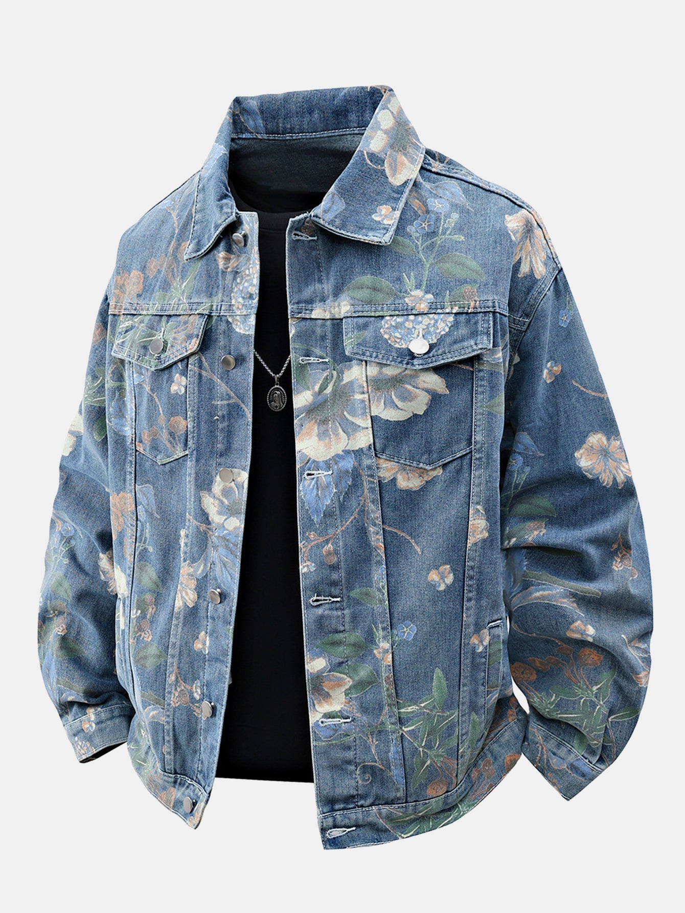 Relax Fit Flower Print Washed Denim Jacket