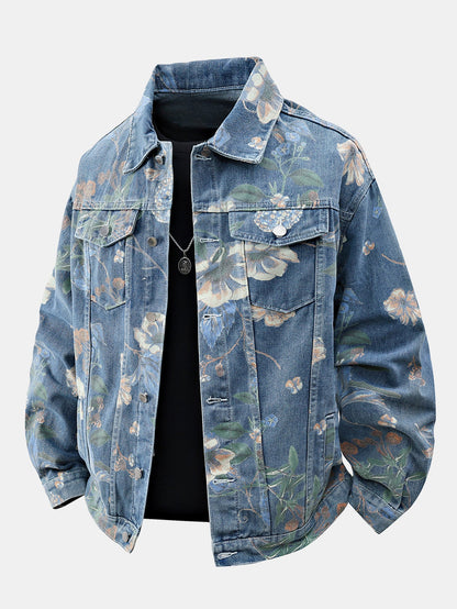 Relax Fit Flower Print Washed Denim Jacket