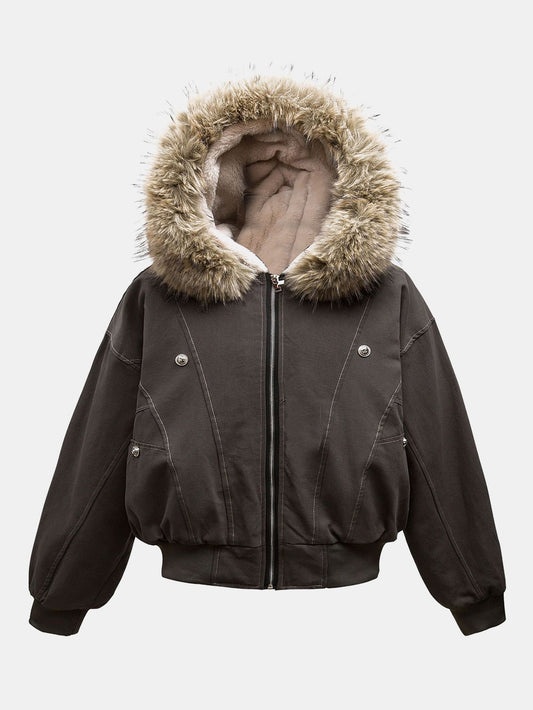 Boxy Faux Fur Collar Hooded Jacket