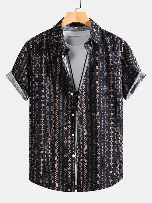 Linen Look Ethnic Geometric Print Button Up Shirt