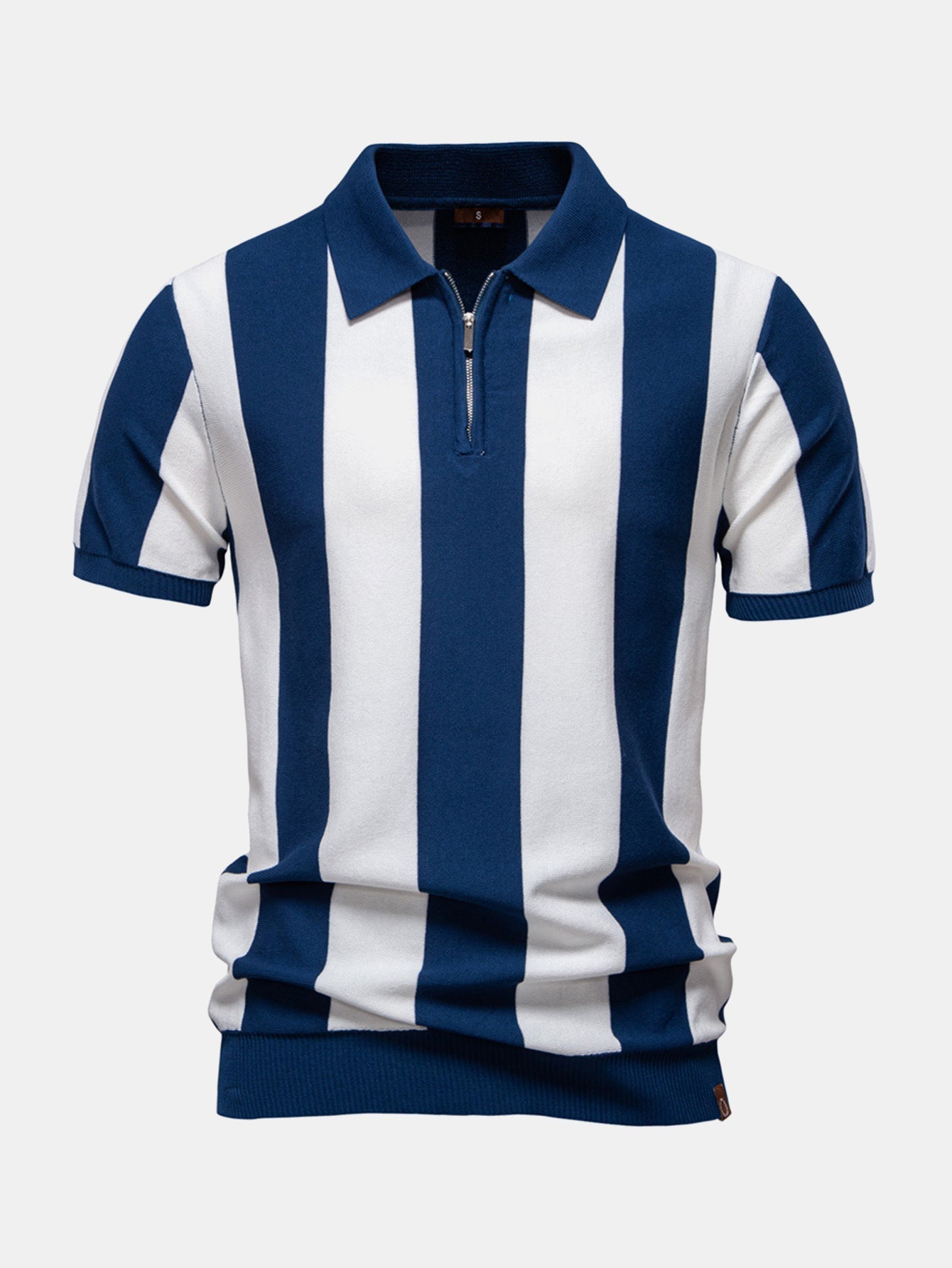 Striped Knit Zip Up Polo Shirt