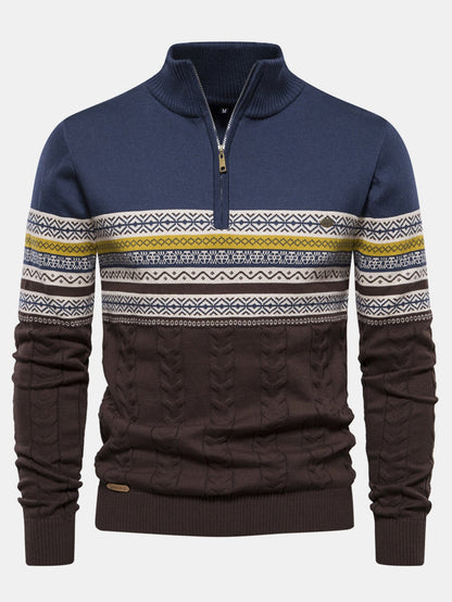Contrast Geometric Jacquard Quarter-Zip Sweater