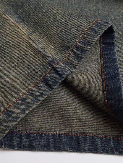 Oversize Brooklyn Embroidery Washed Distressed Denim Sweatshirt