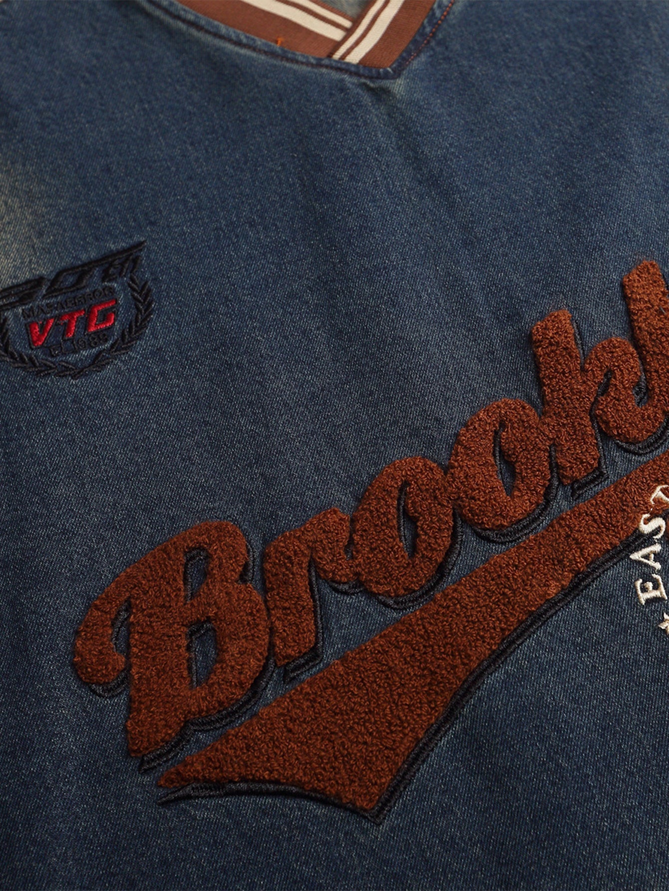 Oversize Brooklyn Embroidery Washed Distressed Denim Sweatshirt