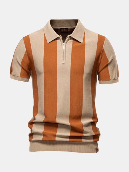 Striped Knit Zip Up Polo Shirt