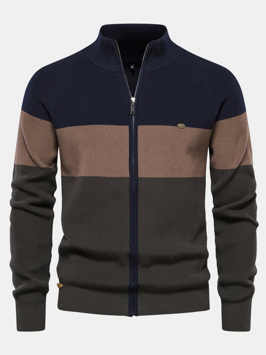 Color Block Zipper Stand Collar Sweater