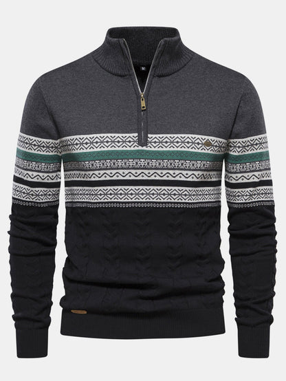 Contrast Geometric Jacquard Quarter-Zip Sweater