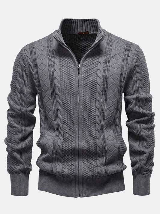 Twist Jacquard Zipper Stand Collar Sweater