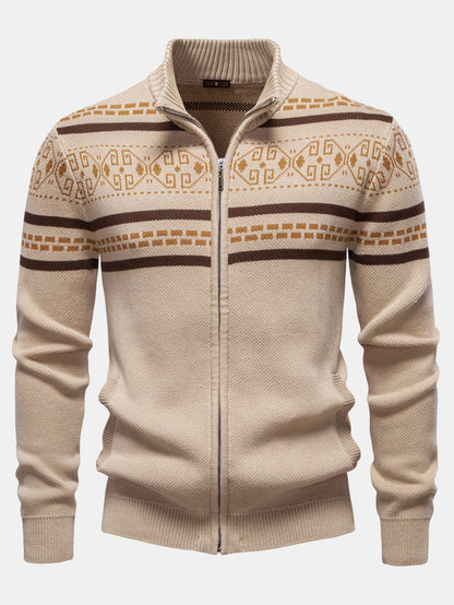 Geometry Jacquard Zipper Stand Collar Sweater