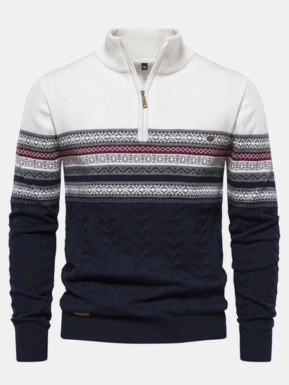 Contrast Geometric Jacquard Quarter-Zip Sweater