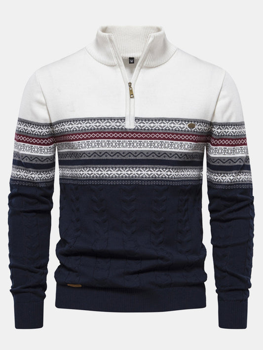 Contrast Geometric Jacquard Quarter-Zip Sweater