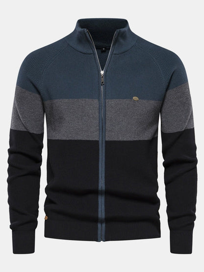 Color Block Zipper Stand Collar Sweater
