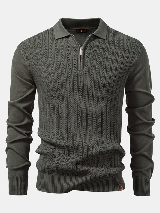 Long Sleeved Knitted Geometric Jacquard Zippe Polo Shirt