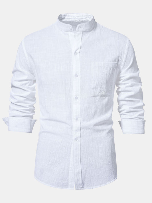 Long Sleeved Linen Look Stand Collar Shirt