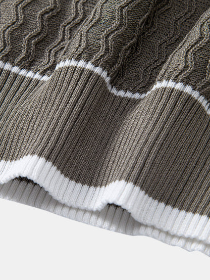 Wave Jacquard Zip Up Knitted Polo Shirt