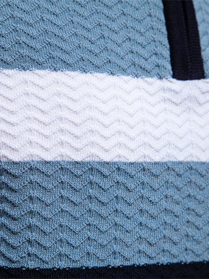 Contrast Textured Jacquard Knit Zip Up Polo Shirt