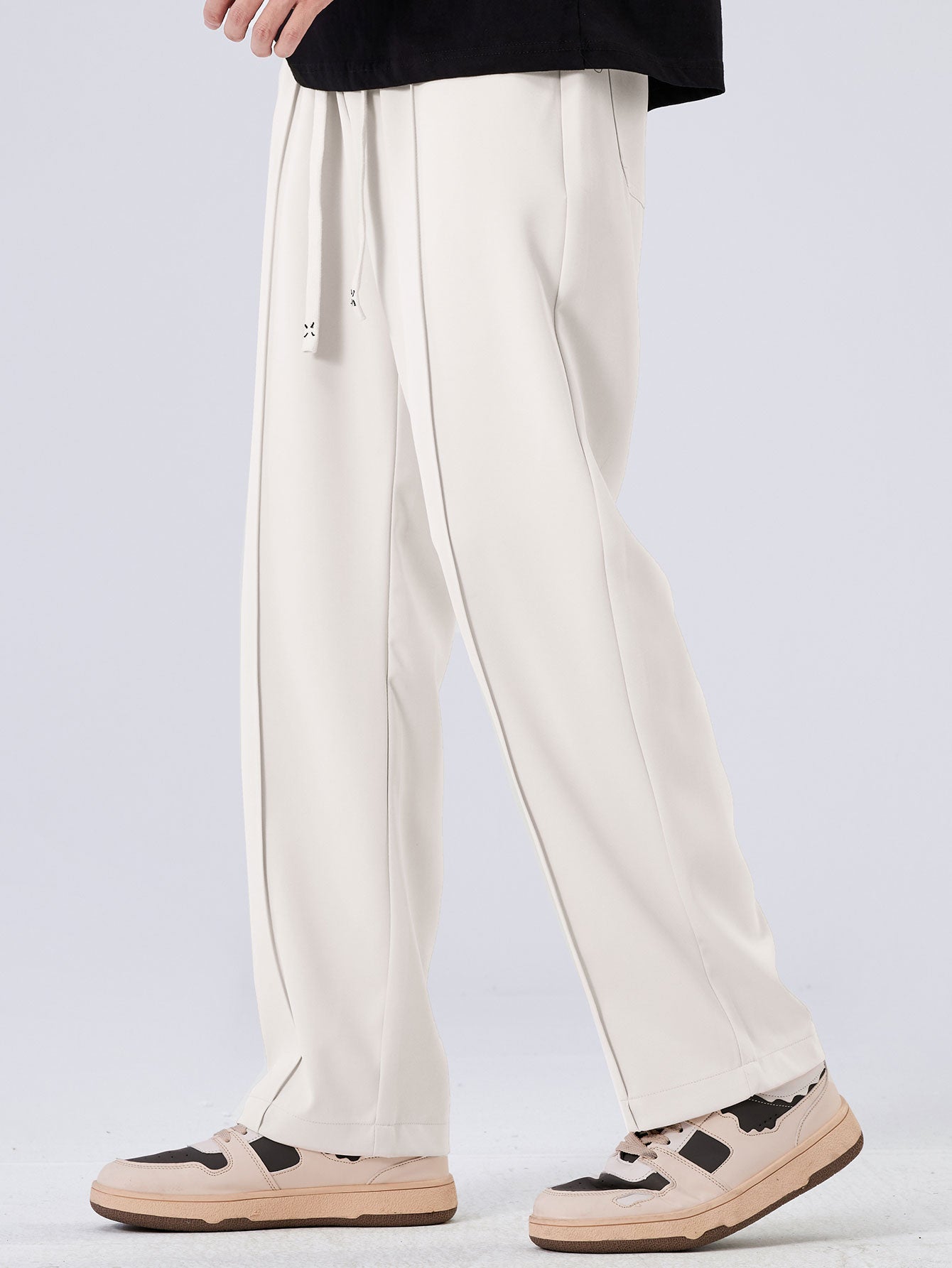 Single Pleat Drawstring Straight Leg Pants