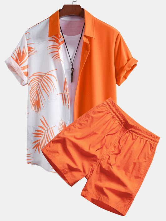 Leaf Print Patchwork Button Up Shirt & Swim Shorts