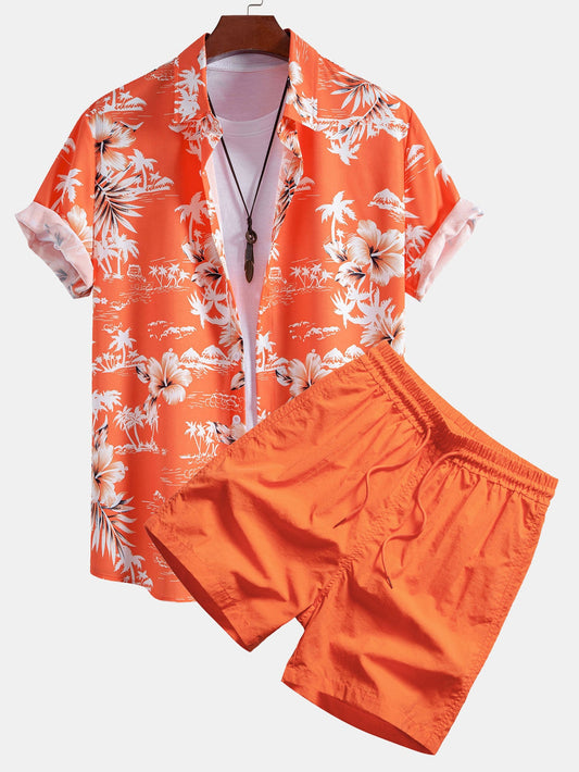 Palm Tree Tropical Flora Print Button Up Shirt & Swim Shorts