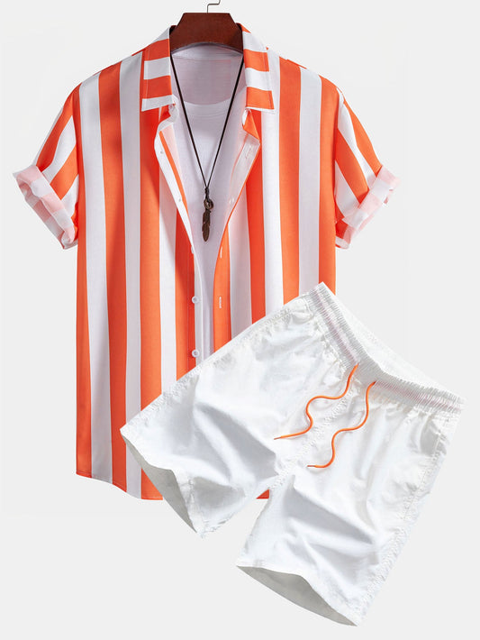 Stripe Print Button Up Shirt & Swim Shorts