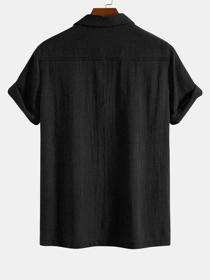 Palm Tree Print Linen Look Patchwork Bowling Shirt